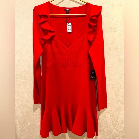 Express | Sweetheart Neck Ruffle Fit and Flare Red Knit Dress Size Large - Picture 3 of 6